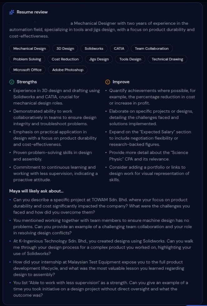 AI resume review showing skills, strengths, and personalized interview questions